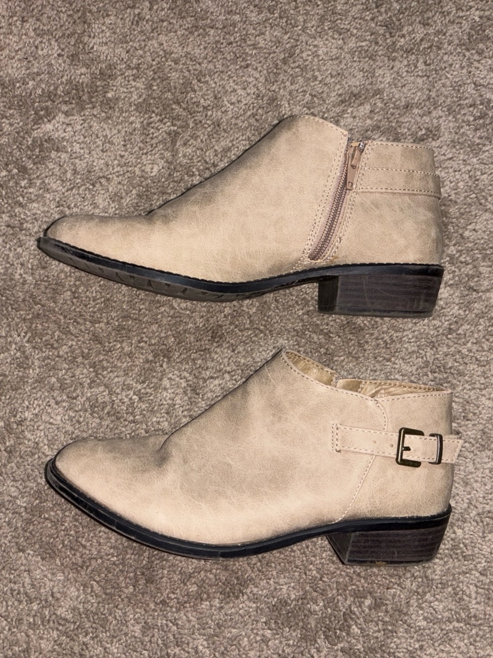 Women’s Light Beige Ankle Booties with Side Zip and Buckle Accent